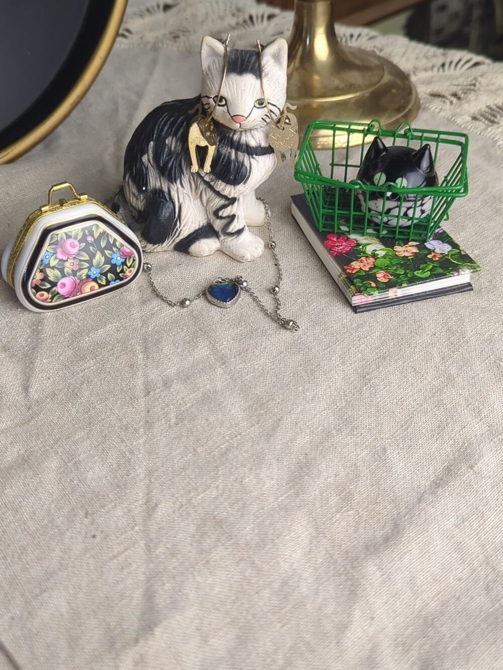 Whimsical Cat Lover Bundle Figurine Paperweight Notebook Earrings Mood Necklace